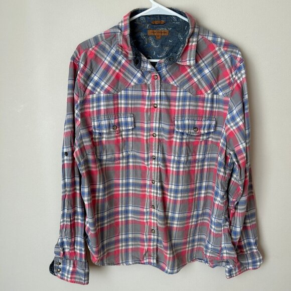 Jachs Girlfriend Gray Pink Button Down Long Sleeve Plaid Flannel Women’s XL - Picture 1 of 7